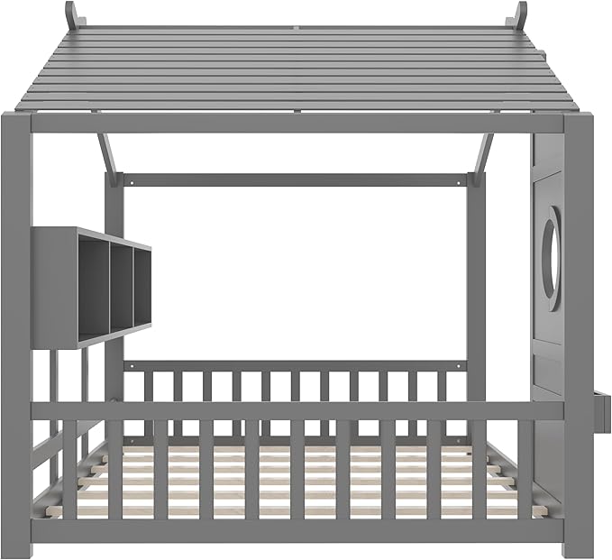 Full Size Wooden Floor House Bed with Storage Shelf, Modern Design Kids Bed Frame with Roof and Window for Bedroom, Wood Slat Support, No Box Spring Needed, Easy Assembly (Grey)