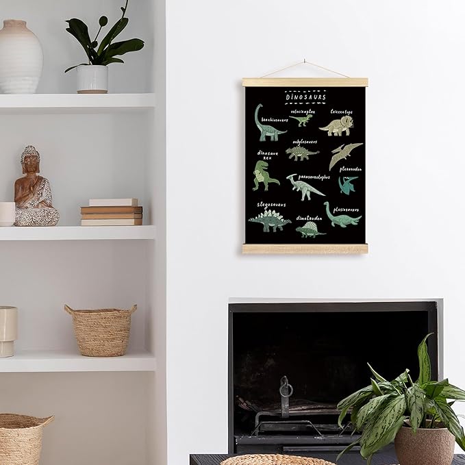 BCUANGD Dinosaur Dino Wall Decor - Baby Toddler Boys Room Wall Art Poster Hanger with Wood Frames, Inspirational Black Hanging Canvas Decor for Kids Room Playroom Nursery Bedroom, 12x16 Inches