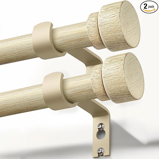 2 Pack White Oak Wood Grain Curtain Rods for Windows 48 to 84 Inches 1" Diameter Boho Decorative Heavy Duty Window Curtain Rod Adjustable with Solid Finials for Living Room Bedroom Kitchen Farmhouse