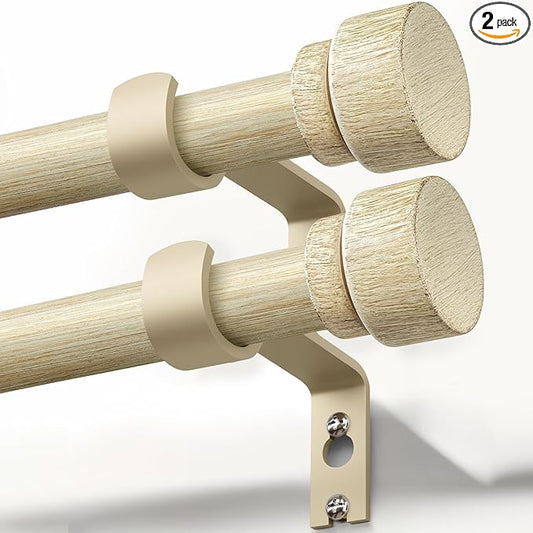2 Pack White Oak Wood Grain Curtain Rods for Windows 48 to 84 Inches 1" Diameter Boho Decorative Heavy Duty Window Curtain Rod Adjustable with Solid Finials for Living Room Bedroom Kitchen Farmhouse