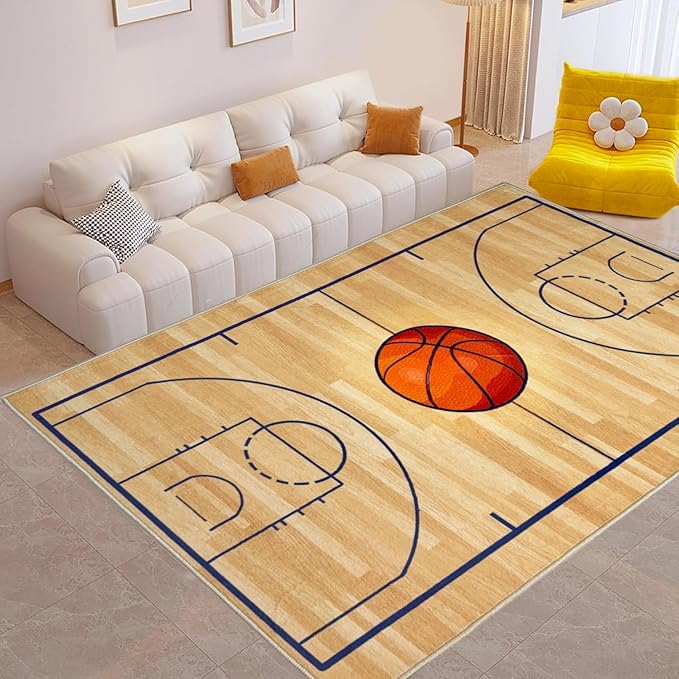 Basketball Rug 8x10 Washable Low Pile - Non Slip Sports Carpet for Boys Bedroom Decor, Kids Game Room Mat Area Rug Man Cave Carpet Mat