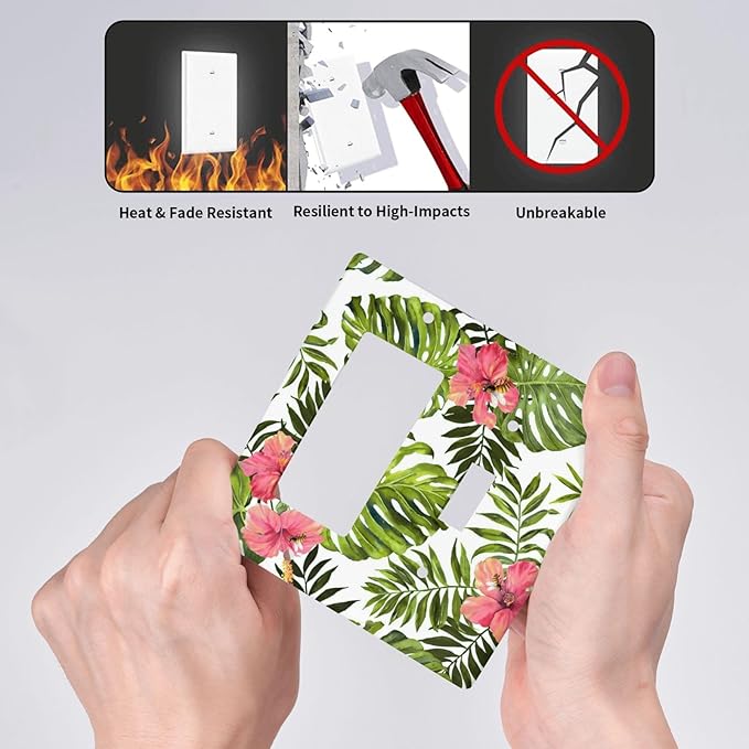 Tropical Plant Green Palm 2 Gang Light Switch Cover Decorative Combination Wall Plate Banana Leaves Pink Flower Rainfores Jungle Botanical Single Toggle Rocker Electrical Faceplate for Kitchen Home