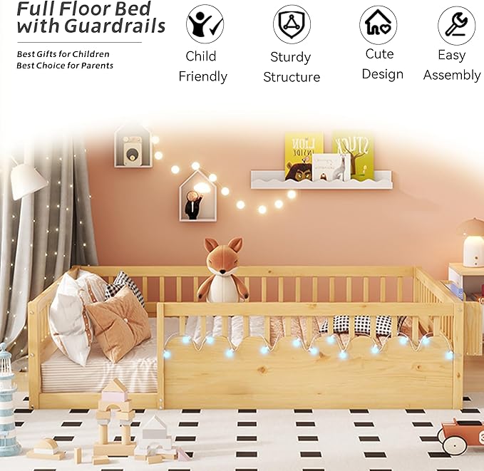 Full Toddler Floor Bed with High Rails, Wooden Montessori Bed Frame with Light and Storage Shelf, Full Size Bed Frame for Kids, Boys and Girls, Natural
