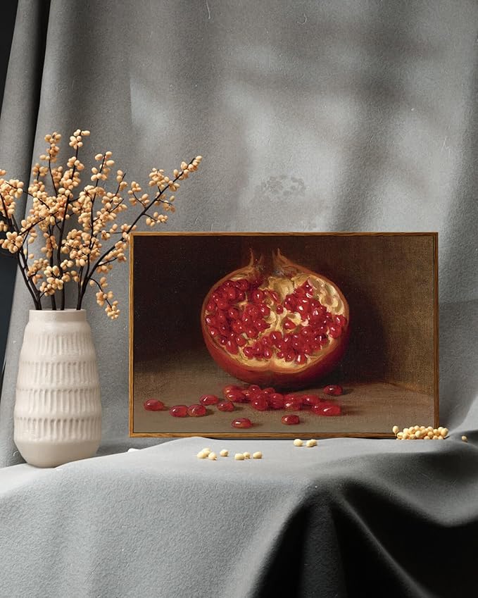 ARPEOTCY Still Life Vintage Wall Art, Pomegranate Fruit Framed Canvas Art Decor, Classical Farmhouse Wall Decor for Living Room, Large Vintage Painting for Kitchen, Dining Decorations, 16x24 inch
