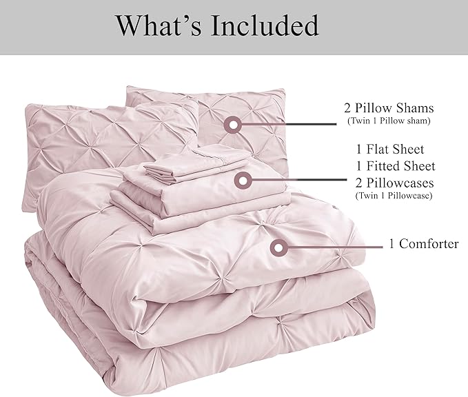 LANE LINEN Pink Comforter Set - Queen Size with Sheets, Pillowcases & Shams, Pintuck Bedding, Soft Bed in a Bag Set, Pinch Pleated Comforter Set for Girls