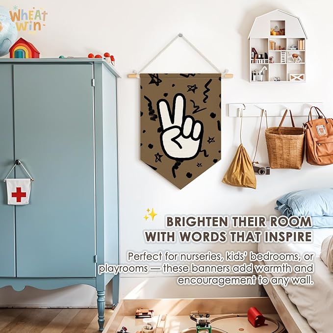 Wheatwin Boys Room Decor, Trendy Retro Wall Decor for Kids Toddler Nursery Room Bedroom Playroom, Peace Sign Brown Wall Hanging Pennant Flag Banner 15x11 Inch