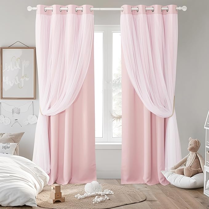 PONY DANCE Pink Blackout Curtains with White Sheer Overlay 63 Inches Length for Girls Bedroom, Double Layered Room Darkening Window Drapes for Nursery Light Blocking(52 Inch Wide, 2 PCs)
