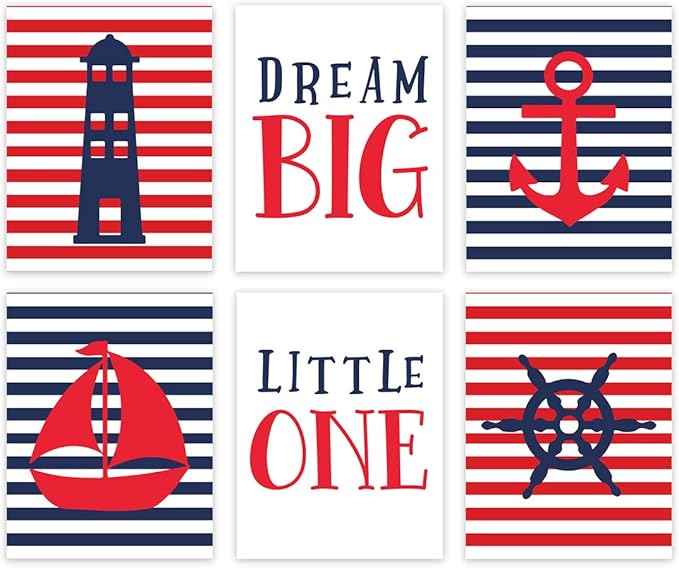 Andaz Press Ocean Nautical Sailor Theme Nursery Kids Bedroom Hanging Wall Art Decor, 8.5x11-inch, Red Blue Stripes, Boat, Anchor, Lighthouse, Whale, 6-Pack, Unframed Room Poster