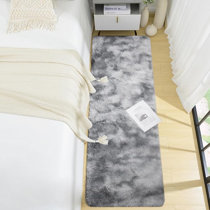 BENRON Soft Runner Rugs for Bedroom 2x8, Washable Long Runners for Hallway Entryway Kitchen Dorm, Fluffy Throw Rug for Kids Girls Room Decor Photo Prop, Tie-dye Grey