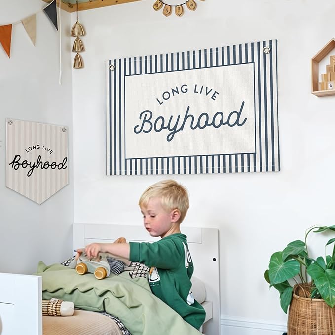 Lacama Vintage Blue Long Live Boyhood Boys Room Decor, Boy Nursery Decor, Linen Banner Wall Hanging Canvas Banner Flag Decor for Toddler Boy Room Nursery 30x20 Inch