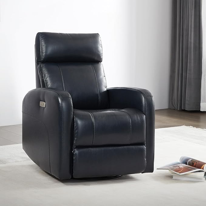 CHITA Genuine Leather Power Swivel Glider Recliner Chair for Adults, FSC Certified Electric Nursery Rocker Recliner Chair for Living Room, Navy Blue