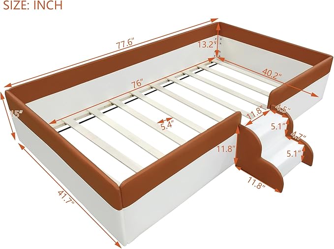 Twin Size Upholstered Daybed Frame with Fence and Stairs, Montessori Kids Floor Bed with Sturdy Slat Support for Kids Boys Girls (Brown+Twin)