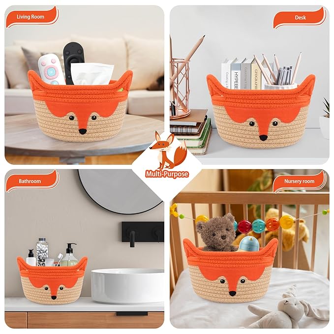 Small Storage Basket, Cute Fox Animal Gift Basket for Nursery, Woven Rope Cotton Storage, Soft Baby Towel 0rganizer with Ears Handles, Caddy Blanket Towel Decor Storage Bin, 8.2"D x 4.7"H in