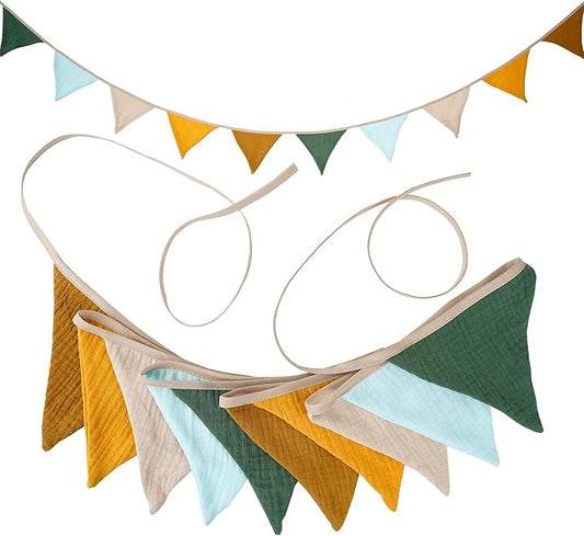 Fabric Bunting Banner, 2 Pack Handmade Neutral String Banner Each 8.5 ft 10 Flags Nursery Wall Hanging Wedding Birthday Home Baby Shower Party Decoration Bunting (Raw Sienna)