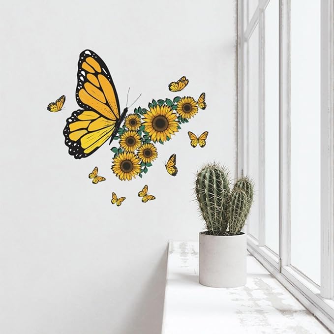 Large Butterfly Wall Decals, Sunflower Wall Stickers Yellow Butterfly Flower Wall Decal Murals Peel and Stick Wallpaper Art Decal for Nursery Bedroom Living Room Classroom