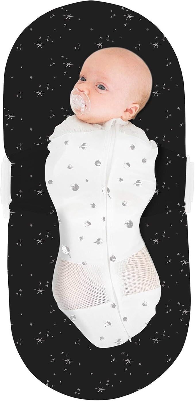 Happiest Baby SNOO Sleep Sack - 100% Organic Cotton Baby Swaddle Blanket - Doctor Designed Promotes Healthy Hip Development (Ivory Planets Black Wings, Medium)