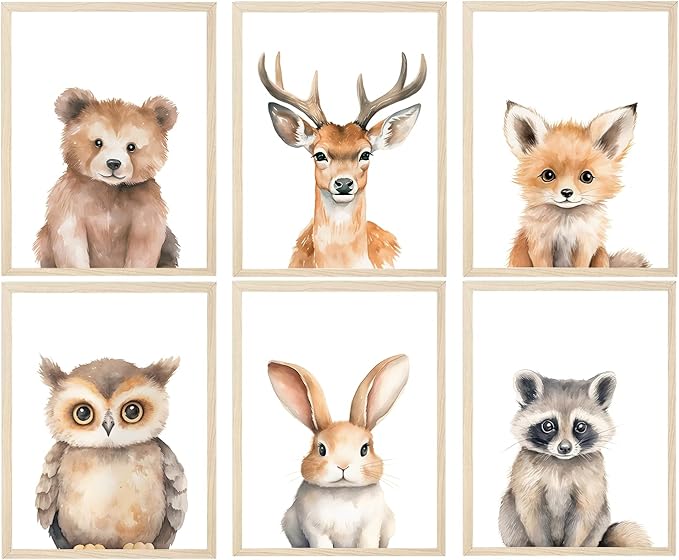6 Animal Wall Art for Kids Room, Baby Room, Woodland Animals, Cute Bear, Deer, Rabbit Poster Prints, Safari Themed Paintings for Boys Girls Room (12x16 Inch Posters)