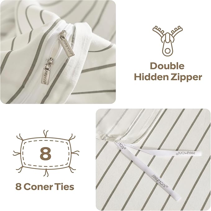 JELLYMONI Striped Duvet Cover Set - King Size 100% Cotton - 3PCS White & Grey Vertical Stripes Bedding - Hidden Zipper Closure & 8 Corner Ties - Breathable Comforter Cover for Bedroom