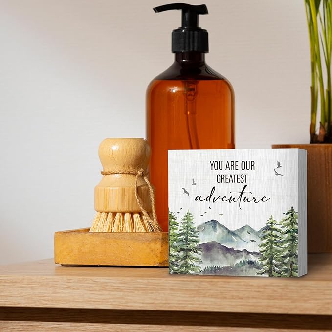 Woodland Nursery Wooden Box Sign, Inspirational Desk Decor, Forest Mountain You Are Our Greatest Adventure Wood Block Box Sign Plaque for Kids Baby Boys Room Nursery Wall Shelf Decor