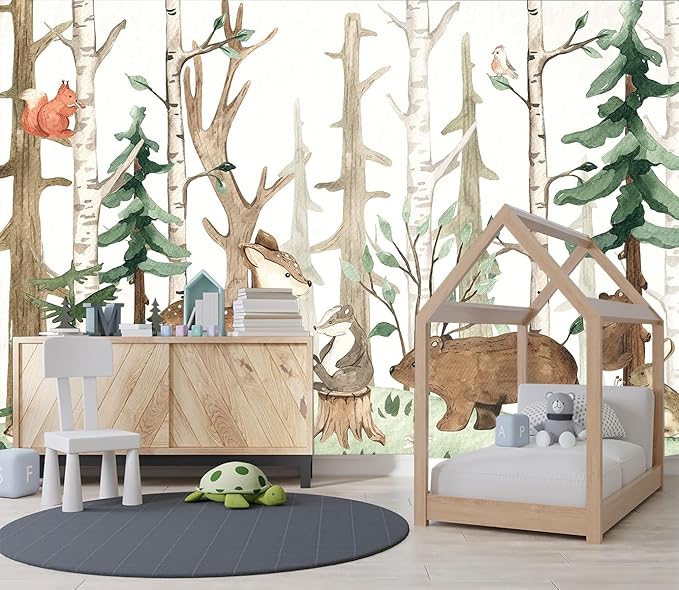 XMPMBM-Cartoon Hand-Painted Animals Woodland Nursery Room Fabric Wallpaper Graffiti Pine Forest Kids Gaming Room Wall Mural-W 176" X H 113"（138 Square Foot）
