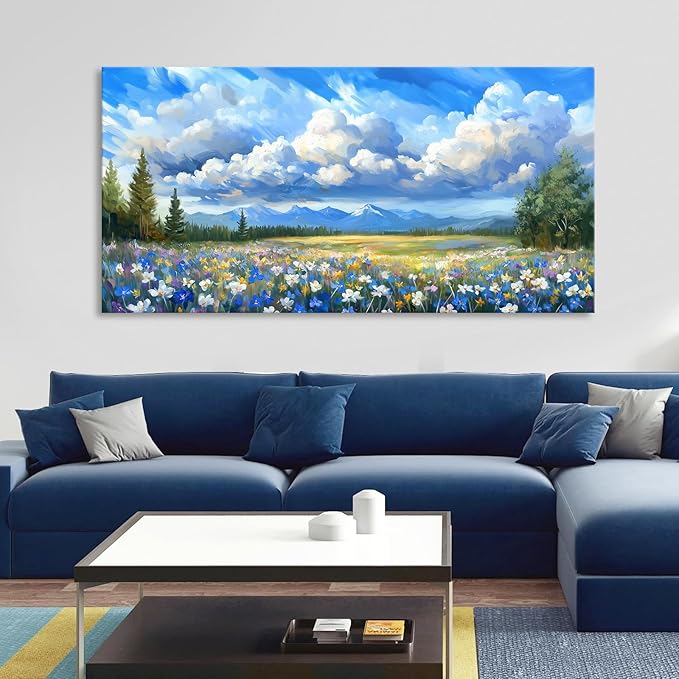 Mountain Wildflower Wall Art, Natural Landscape Wall Decor Painting Blue Sky White Cloud Scenery Picture for Living Room, Farmhouse Nature Colorful Flower Canvas Prints Artwork for Bedroom 28x58 inch