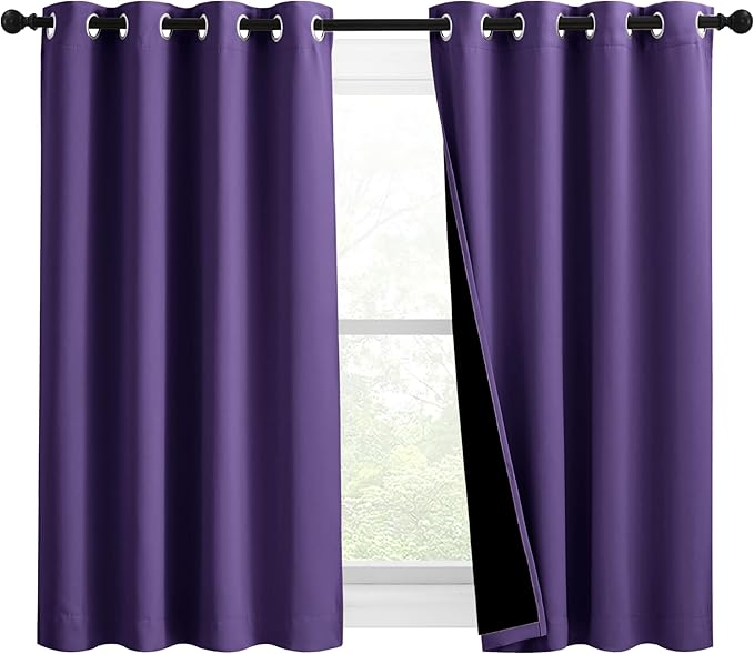 NICETOWN 100% Blackout Curtains with Black Liners, Solid Thermal Insulated Full Blackout 2-Layer Lined Drapes, Energy Efficiency Window Draperies for Bedroom (2 Panels, 46" W by 54" L, Lilac Purple)