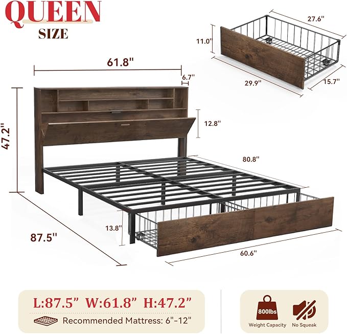 Queen Bed Frame with Large Headboard Storage, Bed Frames with 2 Under Bed Drawers, Built-in LED Lights Charging Station, Easy Assembly, Brown