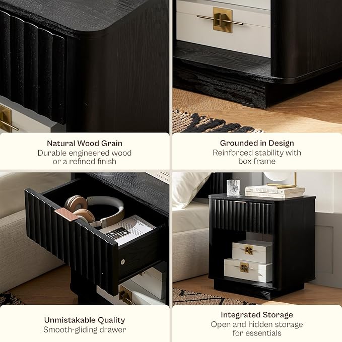 mopio Brooklyn Fluted Nightstand, Modern Farmhouse Nightstand, Small Side, Wood Bedside Table with Drawer, End Table with Storage, Fluted Night Stand, Curved Profile (Black Oak, Single)