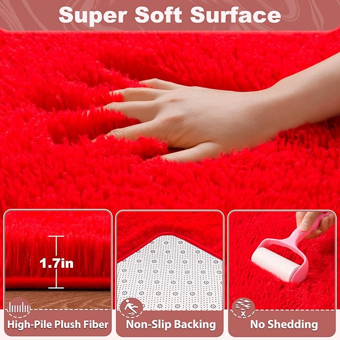 EVOIONOS 5x7 Washable Large Area Rug for Living Room, Fluffy Shag Rug for Bedroom, Ultra Soft Plush Non Slip Carpet for Indoor Floor Bedside Nursery Kids Girls Room Dorm, Home Decor Aesthetic, Red