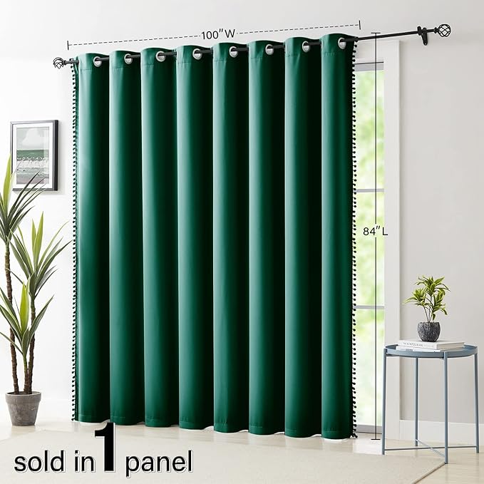 Treatmentex Blackout Patio Sliding Door Curtains Green Pom Pom Extra Wide Room Divider Thermal Insulated Window Curtain Drapes for Living Room Bedroom Chiasmas W100 x L84 1 Panel 7' Tall by 8.5' Wide