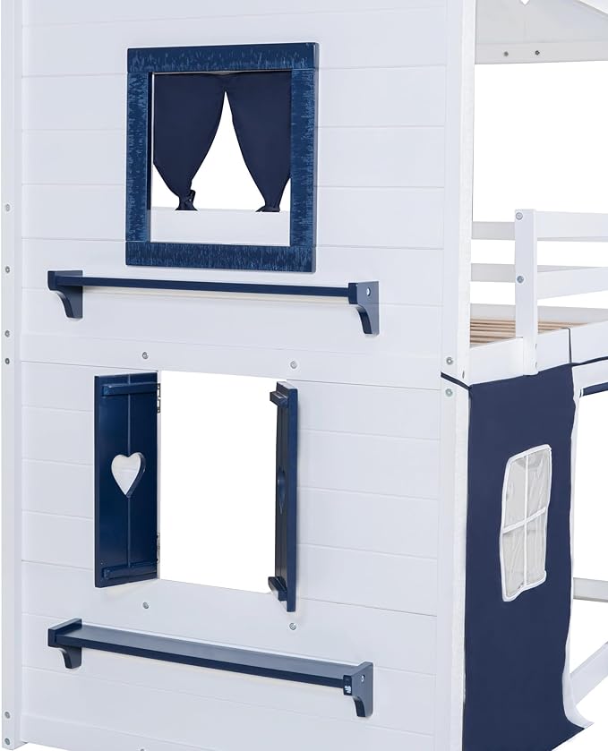 Full Size House Bunk Bed with Elegant Windows and Sills, Solid Wood Tent Bed Frame with Guardrails for Kids Teens Boys Girls, Versatile Spacious Under Bed Space with Curtains (White+Blue C)