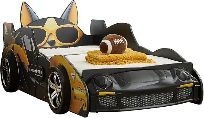 LKTART Twin Size Car Bed for Kids, Cartoon Dog Race Car-Shaped Wooden Platform Bed Frame with Headboard Wheels, LED Lights and Support Slats for Boys Toddlers Child