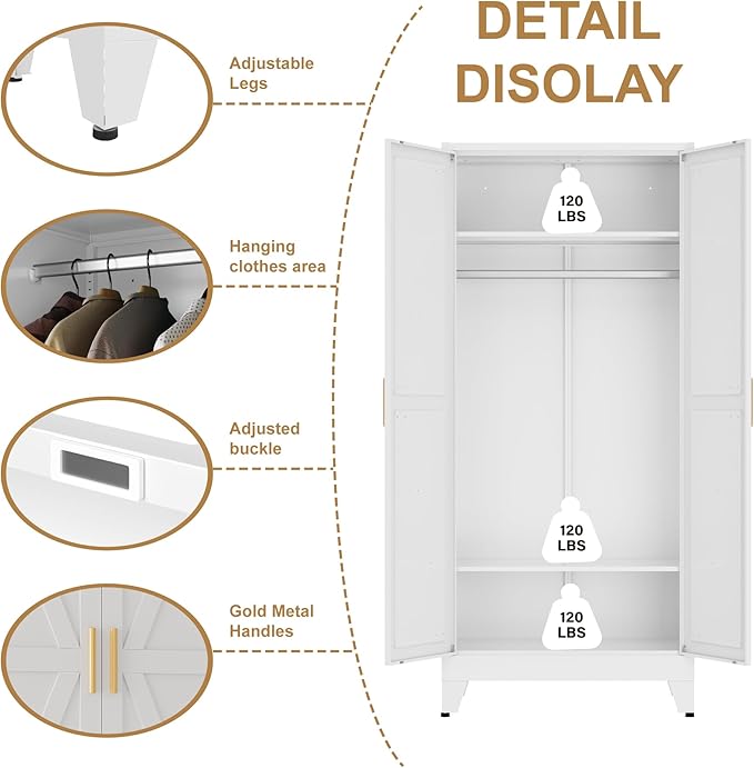 Metal armoire Wardrobe Closet with Hanging Rod,71'' Metal Wardrobe Cabinet with 2 Doors and 2 Adjustable Shelves, Bedroom armoires,Laundry Room cabinets,armario de ropa Closet(Classic, White)