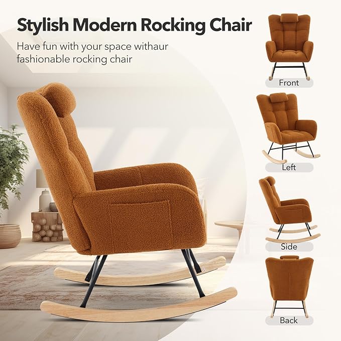Rocking Chair Nursery Teddy Upholstered Baby Fluffy Glider Rocker for Adults Small Spaces Indoor Nursing Chair for Living Room Bedroom Classroom Beige Comfortable Durable Stylish-Brown