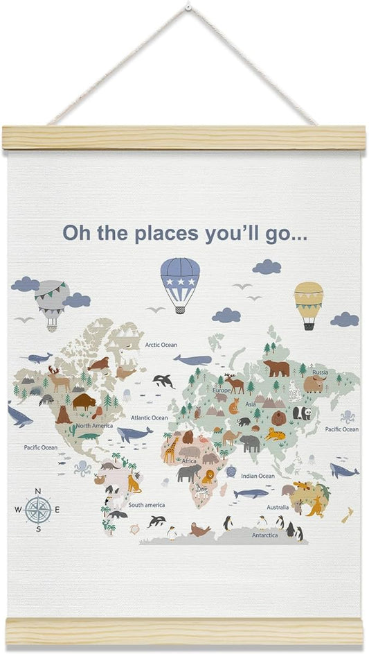 TRKAE Animals World Map Canvas Poster Hanger Frame, Educational Wall Art for Kids, Learning Wall Decor for Classroom Nursery Playroom Bedroom -032