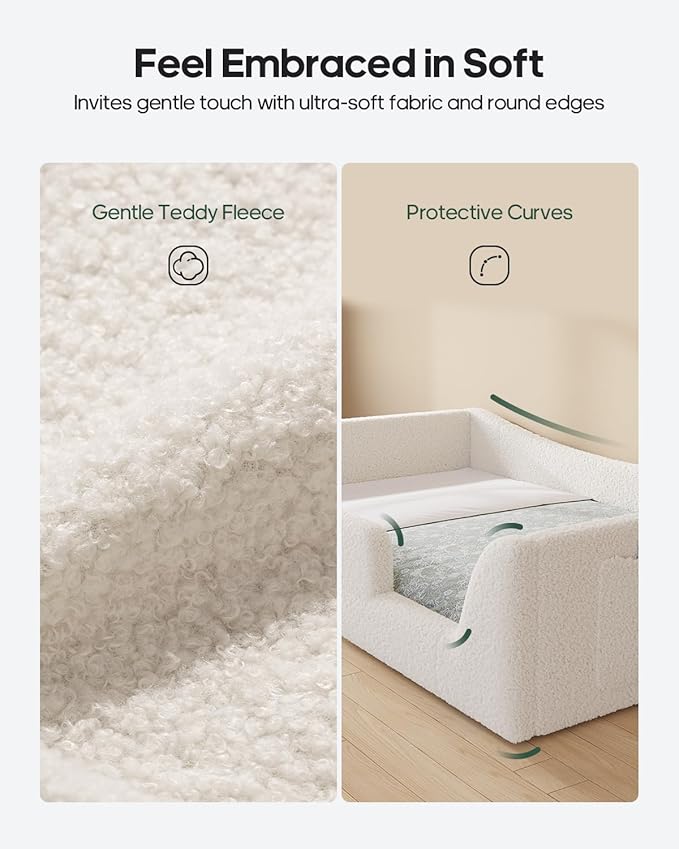 Full Floor Bed, Low Montessori 2-in-1 Convertible Beds, with Slats and High Rails, Upholstered Teddy Boucle, Curve Round Frame for Girls and Boys, No Box Spring Needed, Easy Assemble, Beige