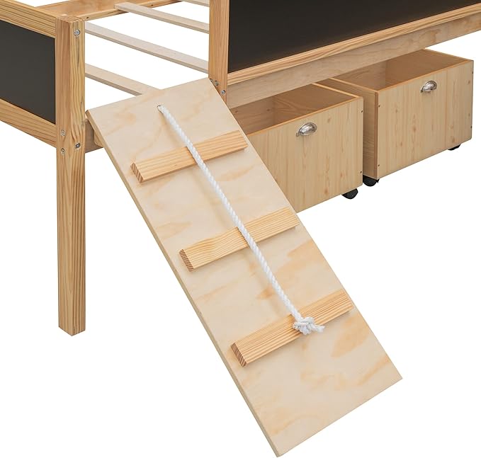Play Fun Design Twin Size Loft Bed with Slide and Rope Climbing Ladder for Kids Boys Girls, Solid Wood Loft Bed Frame with 2 Storage Boxes and Double-sided Chalkboard, Sturdy Slat Support (Natrual-2)