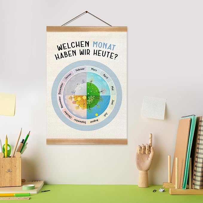 ZTGDA Kids Calendar Wall Hanging Poster,Educational Linen Wall Art with Wood Frame, Month & Seasons Wheel for Children Learning, Nursery Classroom or Playroom Decor, 12x16 Inch(Seasons)