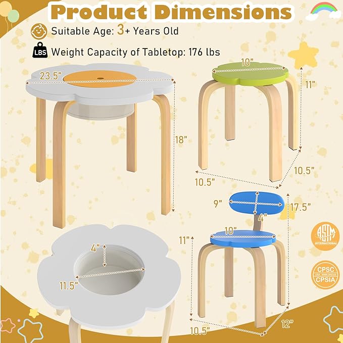 HONEY JOY Kids Table and Chair Set, Wooden Toddler Flower-Shaped Table and 4 Chairs w/Storage for Art Craft, Dining, 5-Piece Children Furniture for Daycare, Kindergarten, Playroom (Colorful + White)