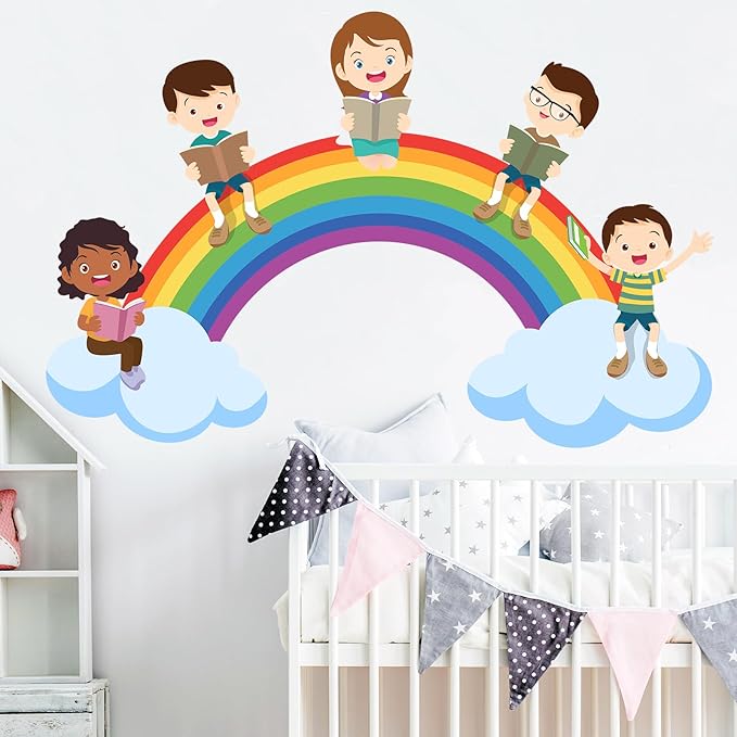 Kids Wall Decals Large Rainbow Wall Stickers for Nursery, Educational Reading Corner Decor Posters Cloudy Rainbow Student Reading Wall Art Murals for Kids Room Playroom Classroom