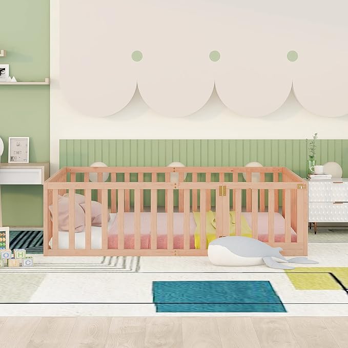 Merax Full Floor Bed with Safety Guardrails and Door, Wood Montessori Floor Bed Frame for Kids, Full Playhouse Bed Frame for Baby Girls and Boys, Natural