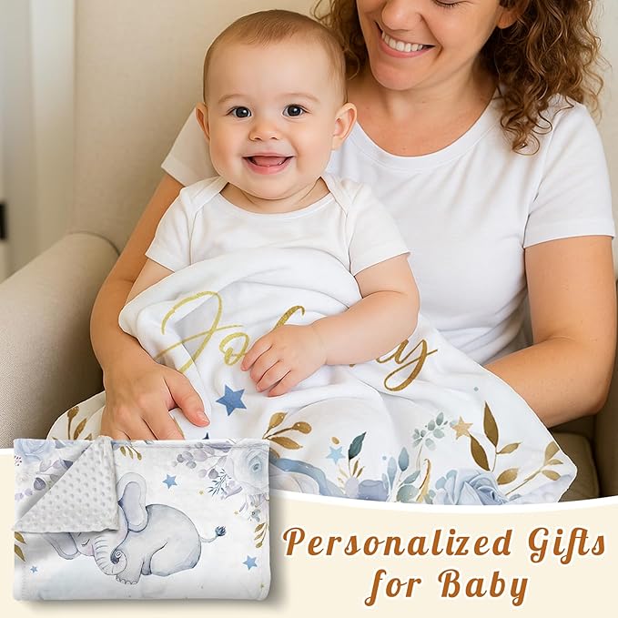 Personalized Baby Blanket for Boys Girls, Custom Baby Blanket with Name, Flannel Blue Elephant Blanket Personalized Gifts for Kids Newborn Infant, Ideal for Birthday Baby Shower(47" x60)