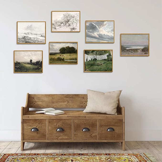 OIQArtOIQ Vintage Landscape Canvas Wall Art Framed Natural Scenery Painting Artwork Prints France Country Wilderness Farmhouse Decor Pictures Kitchen Bedroom Living Room Bathroom