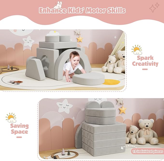 12 PCS Modular Kids Play Block Couch Child Sectional Sofa Toddler Building Fortplay Bedroom Playroom Baby Convertible Floor Foam Cushion for Boys & Girls (Light Gray-Double)