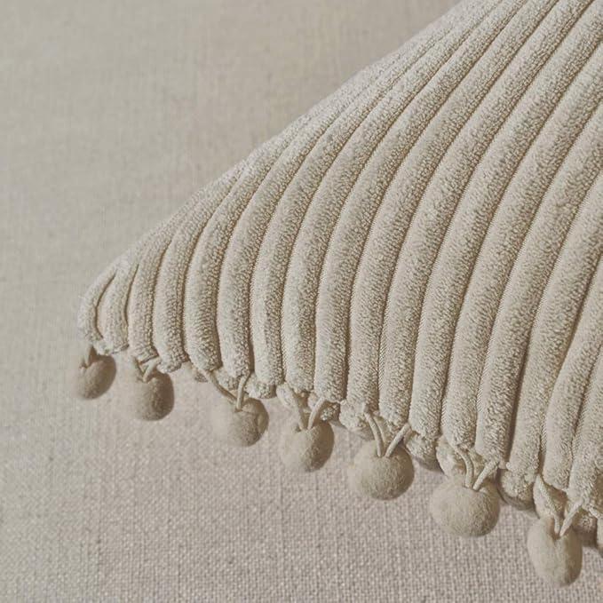 Fancy Homi Pack of 2 Tan 20x20 Inch Decorative Throw Pillow Covers with Pom-poms, Soft Corduroy Solid Square Cushion Cases Set for Living Room Couch Sofa Bedroom Car (20x20 Inch/50x50 cm, Khaki)