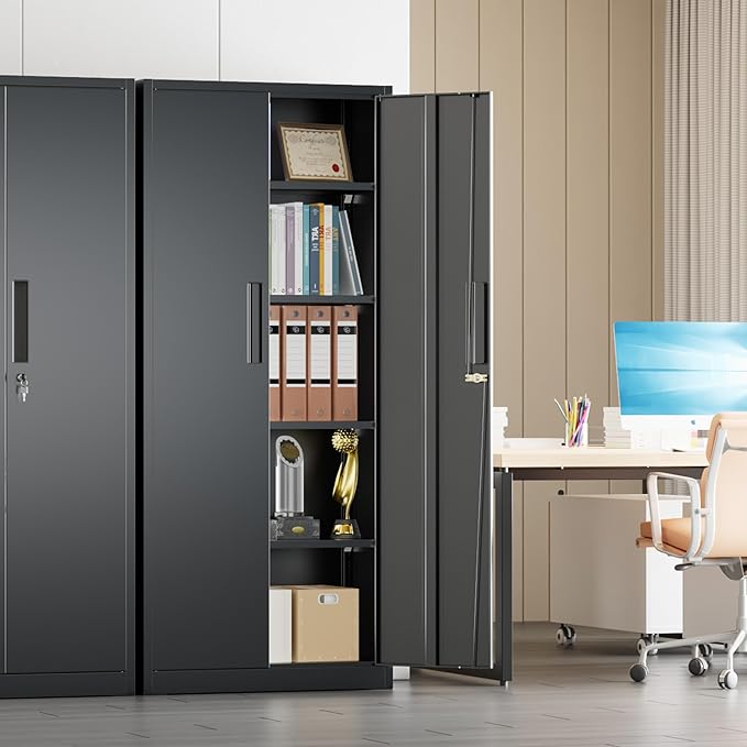 Crownland 63" Metal Storage Cabinet, Lockable Garage Storage Cabinets, High Office Cabinet with Adjustable Shelves for Garage, Home Office, Pantry, File(Black)