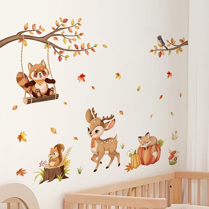 Tanlaby Woodland Animals Wall Stickers Autumn Maple Leaves Wall Decals Forest Cartoon Animal Deer Fox Sticker Peel and Stick Fall Art Decor for Baby Nursery Kids Bedroom Playroom Daycare Classroom