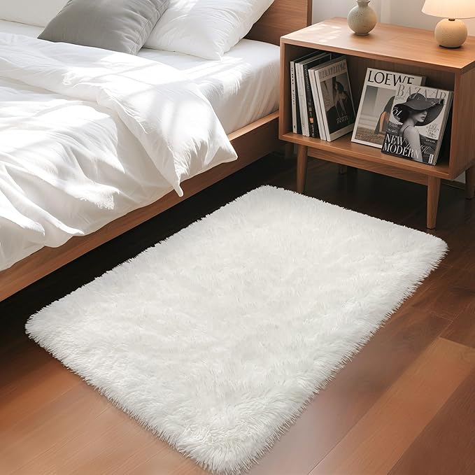 White Fluffy Rug for Bedroom Living Room, 2x3 Small White Area Rug Furry Throw Bedside Rug for Dorm, Non-Slip Entryway Indoor Front Door Mat, Soft Plush Shag Carpet Washable for Nursery Kids
