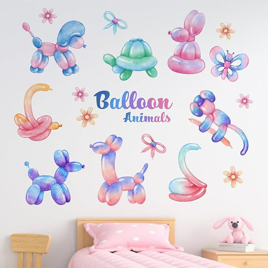 Yovkky Balloon Animals Wall Decals Stickers, Gradient Pastel Dog Rabbit Snake Turtle Toddler Baby Nursery Decor, Cute Butterfly Flowers Home Decorations Kids Bedroom Playroom Party Art