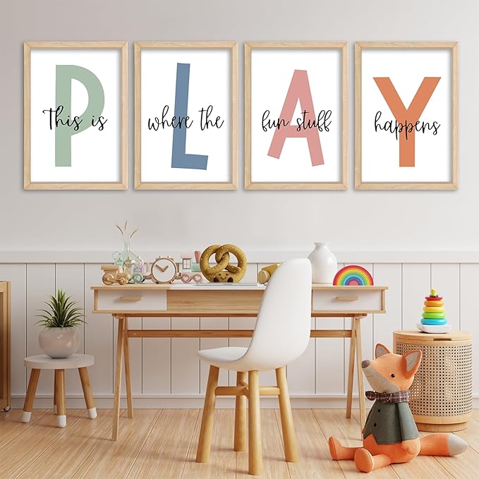 YWJKWLGS This Is Where The Fun Stuff Happens Kids Playroom Wall Decor 16"x24" Set of 4 Nursery Interesting Modren Wood Framed Let's Play Prints Sign for Boy Toddler Children Wall Hanging Art (Wood)